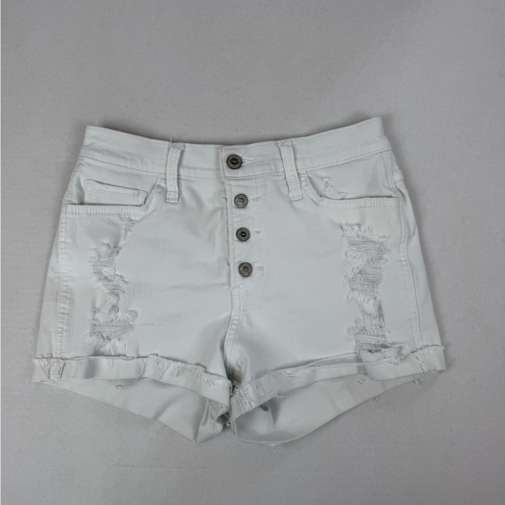 Hollister White High Rise Jean Shorts‎ Size 27 | Distressed Frayed Hem Denim